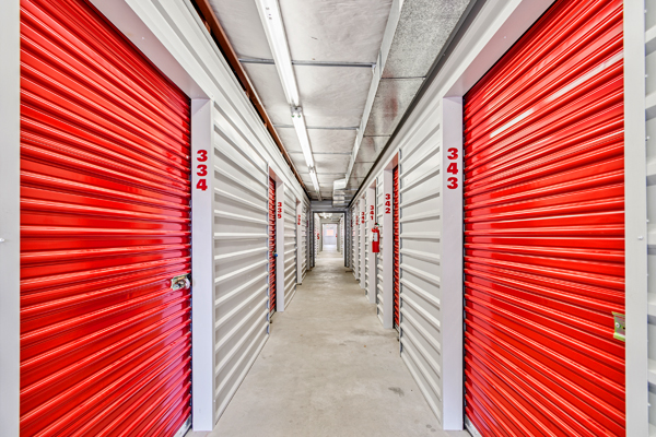Photo of bright red climate controlled indoor storage units